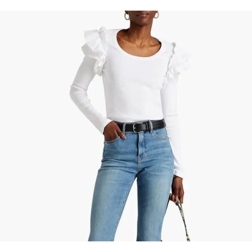 Veronica Beard Jeans Pima Cotton Cream Ruffle Ribbed Long Sleeve Top EUC Size M